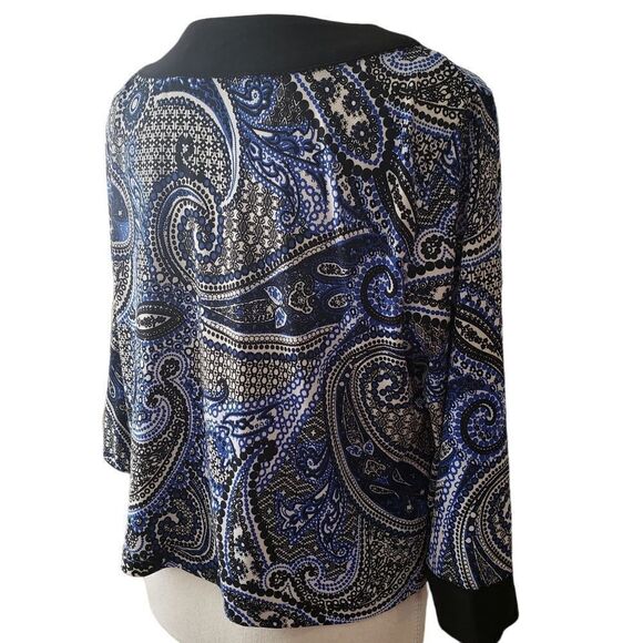 R&K Black Blue Paisley Print Open Cropped Jacket Sz L - Picture 6 of 13